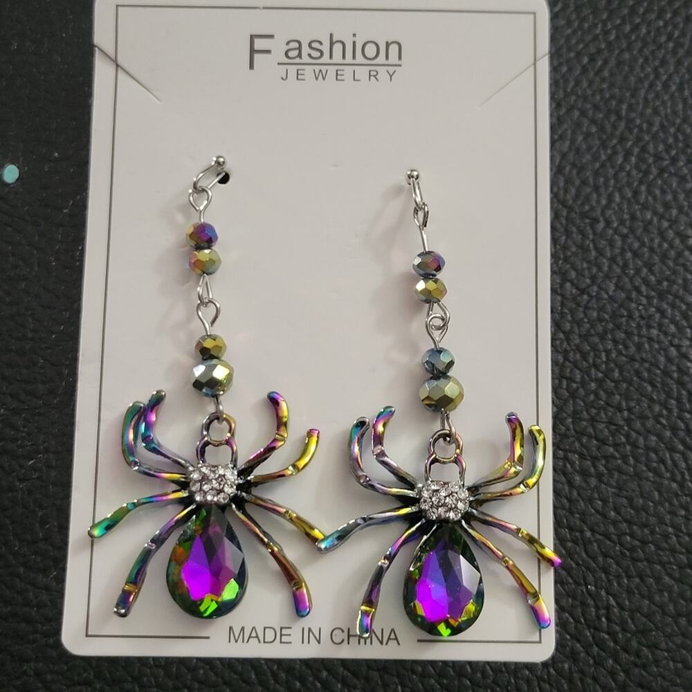 Rainbow multicolor spider crystal earrings